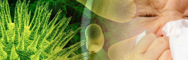 Niiño con pañuelo e ilustración de virus respiratorios